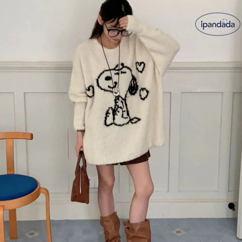 ニットセーター レディース トップス ルーズスタイル 可愛い ルームウェア スヌーピー 秋冬用 防寒 長袖 ゆったり プルオーバー チュニック クリスマスプレゼント ID3515 ホワイト / フリー 外出着＞トップス