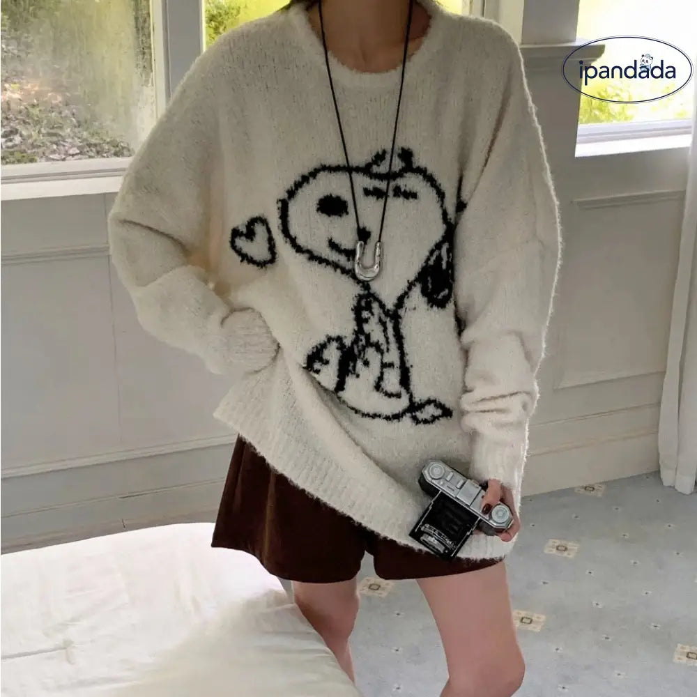 ニットセーター レディース トップス ルーズスタイル 可愛い ルームウェア スヌーピー 秋冬用 防寒 長袖 ゆったり プルオーバー チュニック クリスマスプレゼント ID3515 ホワイト / フリー 外出着＞トップス