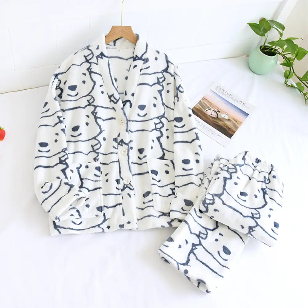 ノーカラー フランネル カップル パジャマ メンズ レディース 秋冬用 裏起毛 厚手 大きいサイズ コーラルフリース ルームウェア セットアップ ID3292 ホワイト / レディースＭ