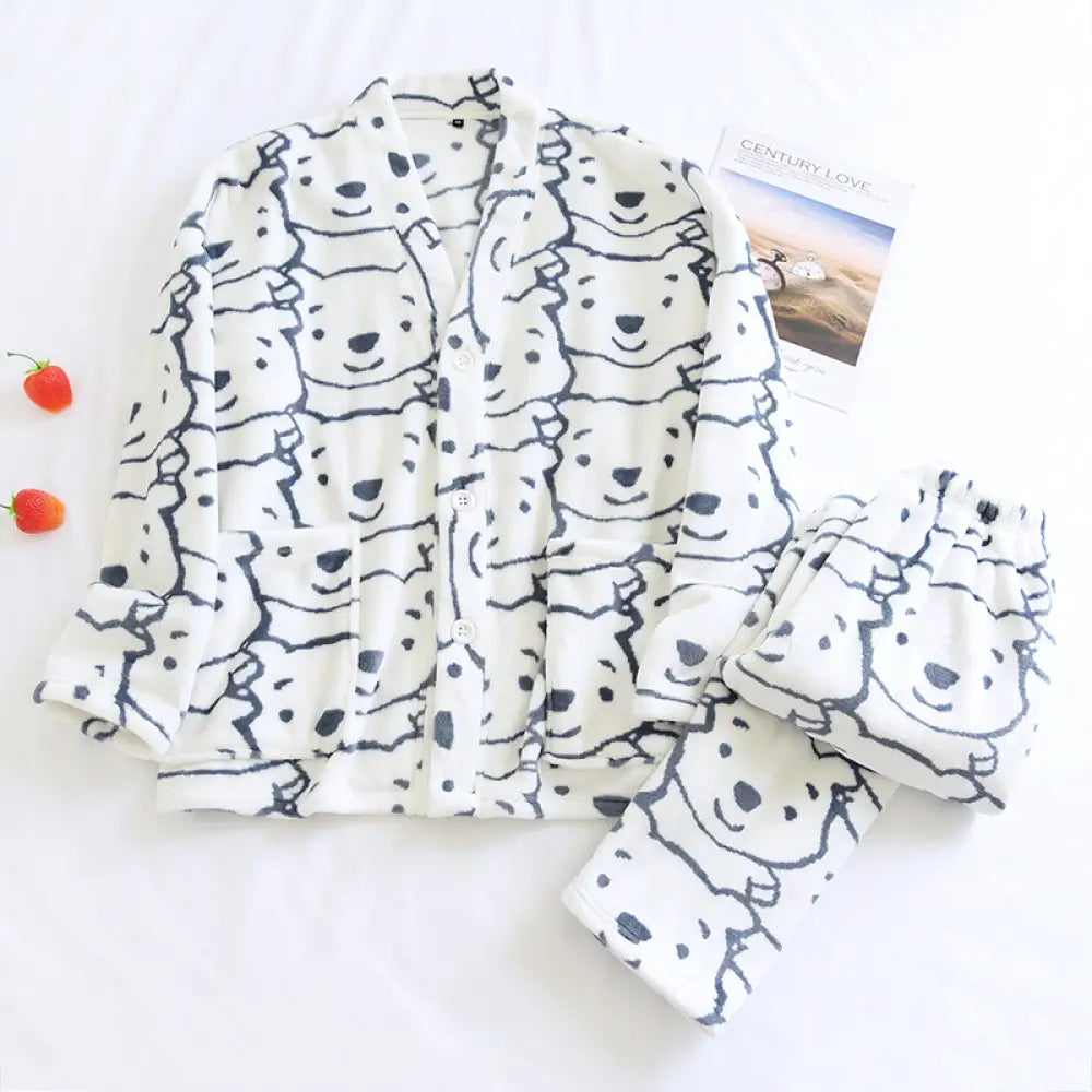 ノーカラー フランネル カップル パジャマ メンズ レディース 秋冬用 裏起毛 厚手 大きいサイズ コーラルフリース ルームウェア セットアップ ID3292 ホワイト / メンズM