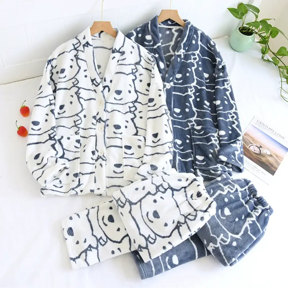 ノーカラー フランネル カップル パジャマ メンズ レディース 秋冬用 裏起毛 厚手 大きいサイズ コーラルフリース ルームウェア セットアップ ID3292