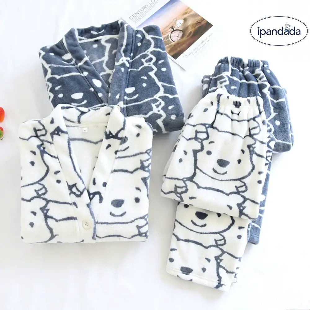 ノーカラー フランネル カップル パジャマ メンズ レディース 秋冬用 裏起毛 厚手 大きいサイズ コーラルフリース ルームウェア セットアップ ID3292