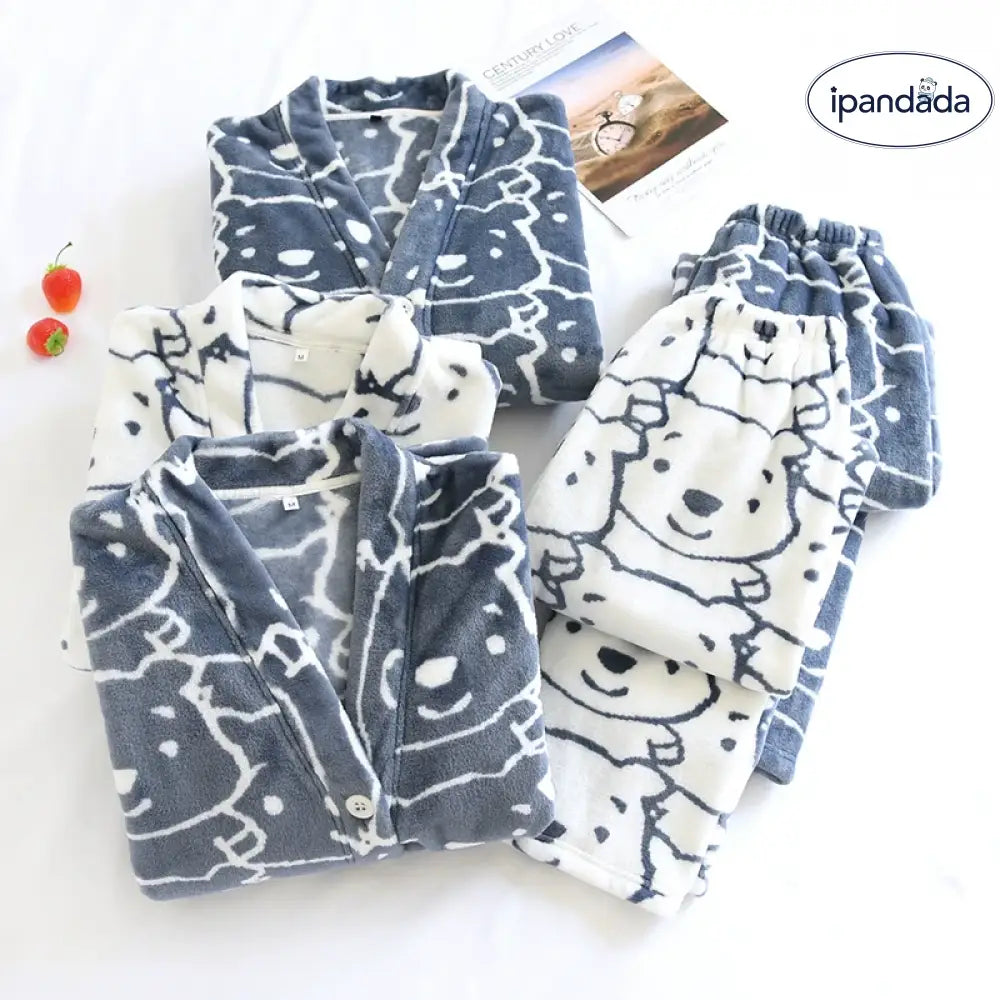 ノーカラー フランネル カップル パジャマ メンズ レディース 秋冬用 裏起毛 厚手 大きいサイズ コーラルフリース ルームウェア セットアップ ID3292