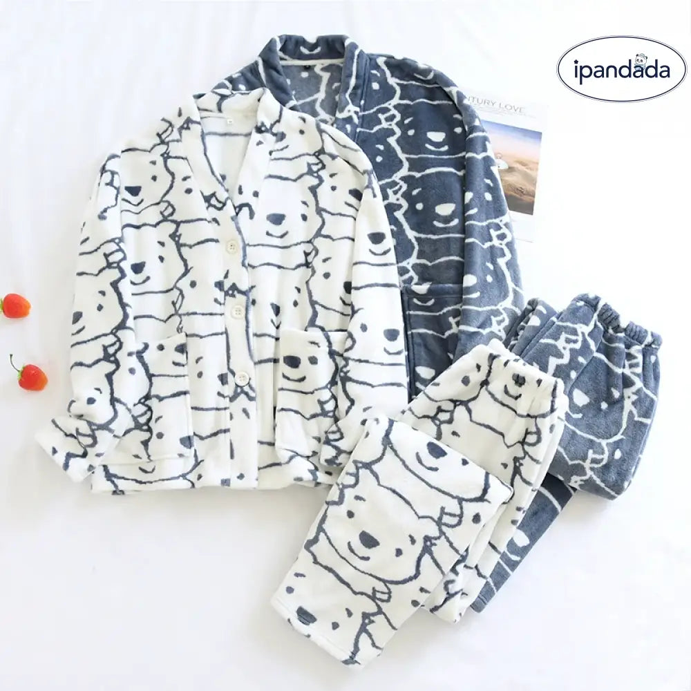 ノーカラー フランネル カップル パジャマ メンズ レディース 秋冬用 裏起毛 厚手 大きいサイズ コーラルフリース ルームウェア セットアップ ID3292