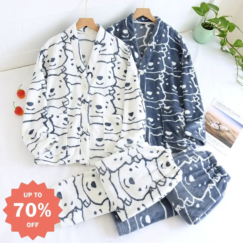 ノーカラー フランネル カップル パジャマ メンズ レディース 秋冬用 裏起毛 厚手 大きいサイズ コーラルフリース ルームウェア セットアップ ID3292