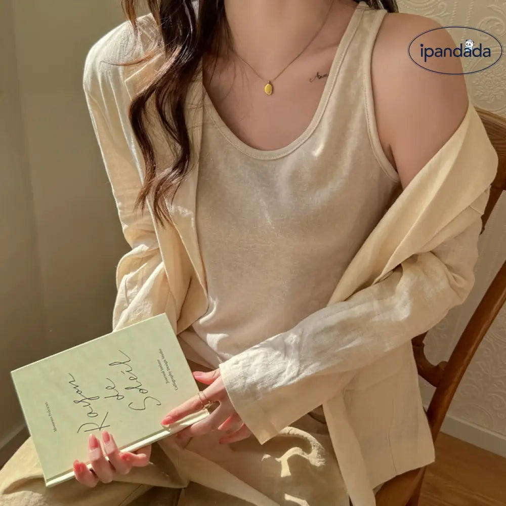 ID1303 【ノンスリーブタンク】綿麻混 春夏季 ゆったりシルエット バックレスクロス 脇肉カバー インナー・アウター兼用 おしゃれ アプリコット / S レディース＞インナー