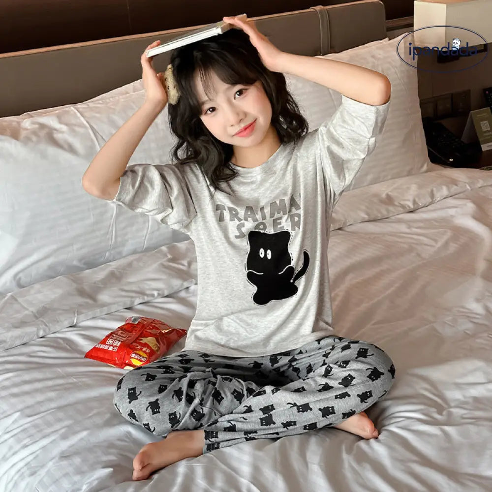 女児 かわいい ネコ柄 パジャマ セット 中大童 モダール 薄手 カジュアル アニメ ルームウェア ID2780
