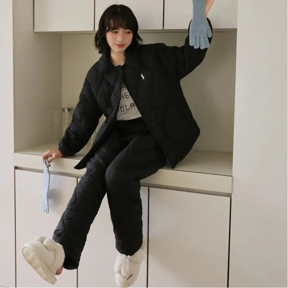 女性 パジャマ 冬 厚手 フリース 三層 キルティング カーディガン 保温 ルームウェア レディース コート 外出可能 セット ID2729 ブラック / M レディース＞セットアップ