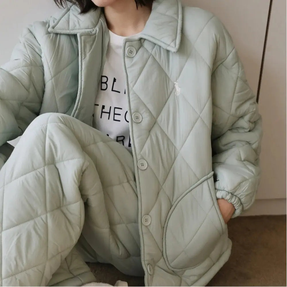 女性 パジャマ 冬 厚手 フリース 三層 キルティング カーディガン 保温 ルームウェア レディース コート 外出可能 セット ID2729 グリーン / M レディース＞セットアップ