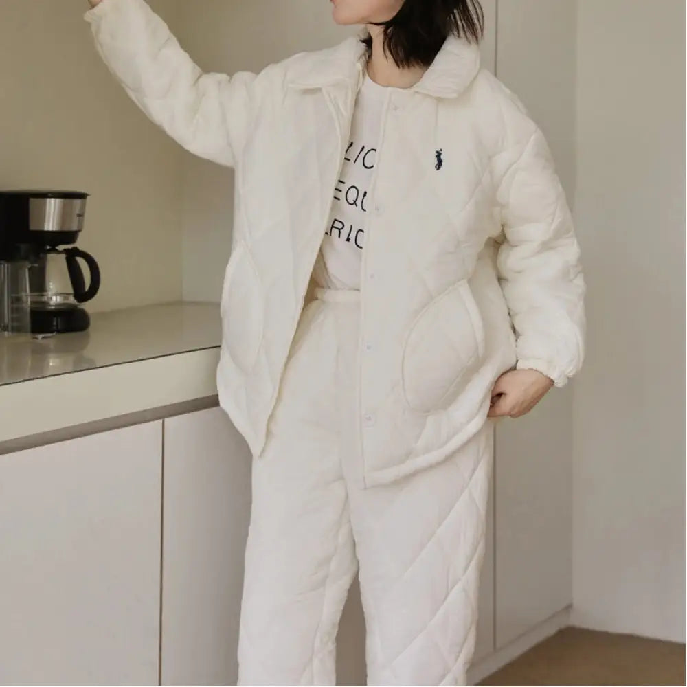 女性 パジャマ 冬 厚手 フリース 三層 キルティング カーディガン 保温 ルームウェア レディース コート 外出可能 セット ID2729 ホワイト / M レディース＞セットアップ