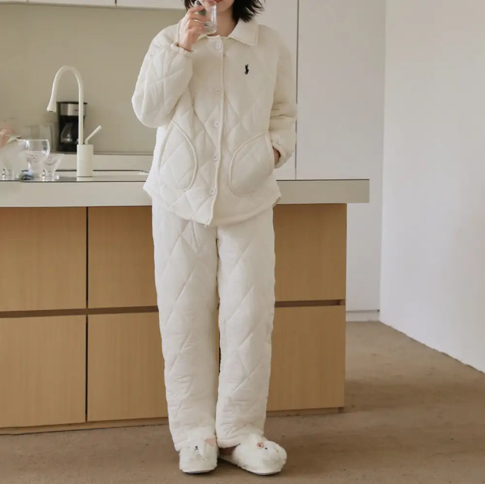 女性 パジャマ 冬 厚手 フリース 三層 キルティング カーディガン 保温 ルームウェア レディース コート 外出可能 セット ID2729
