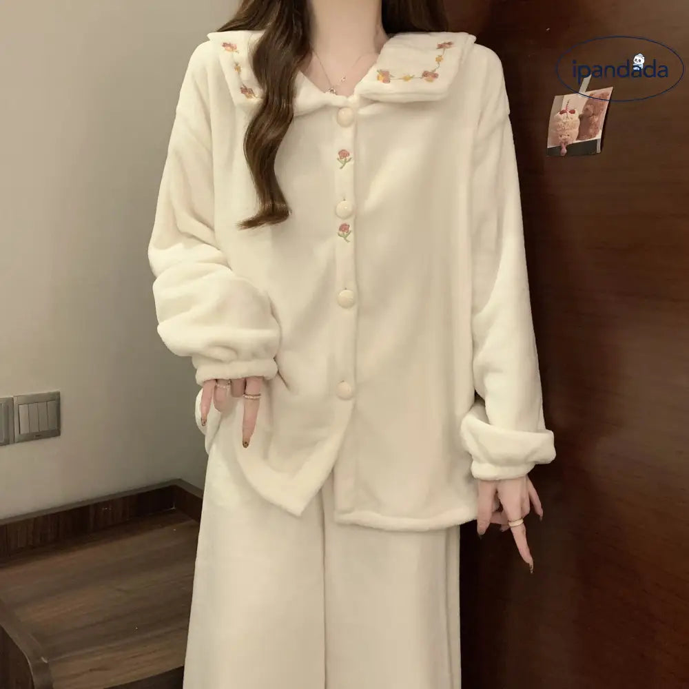 女性 パジャマ 秋冬 かわいい カートゥーン 保温 長袖 シフォンカラー 2点セット 学生 ルームウェア ID2727