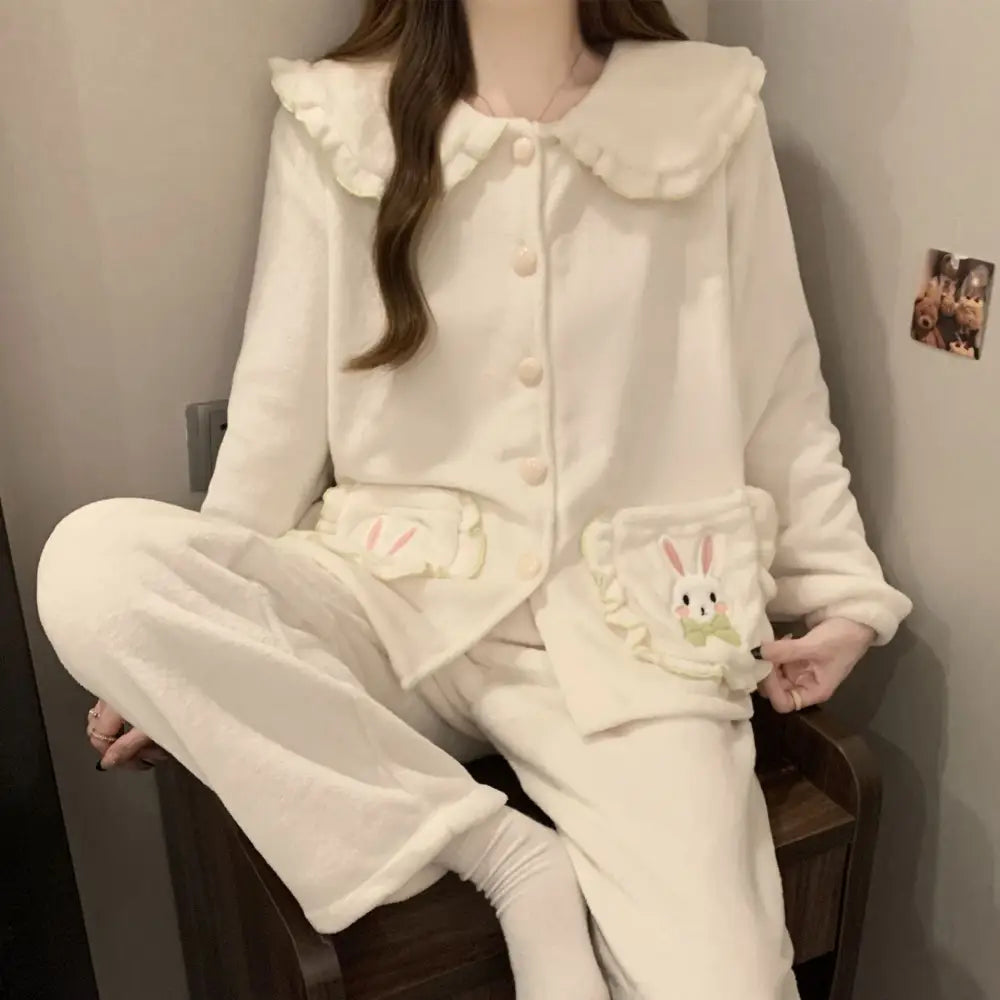 女性 パジャマ 秋冬 かわいい カートゥーン 保温 長袖 シフォンカラー 2点セット 学生 ルームウェア ID2727
