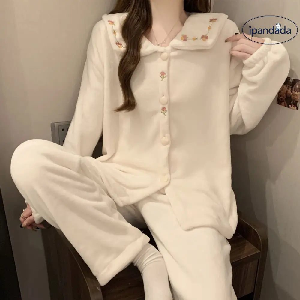 女性 パジャマ 秋冬 かわいい カートゥーン 保温 長袖 シフォンカラー 2点セット 学生 ルームウェア ID2727