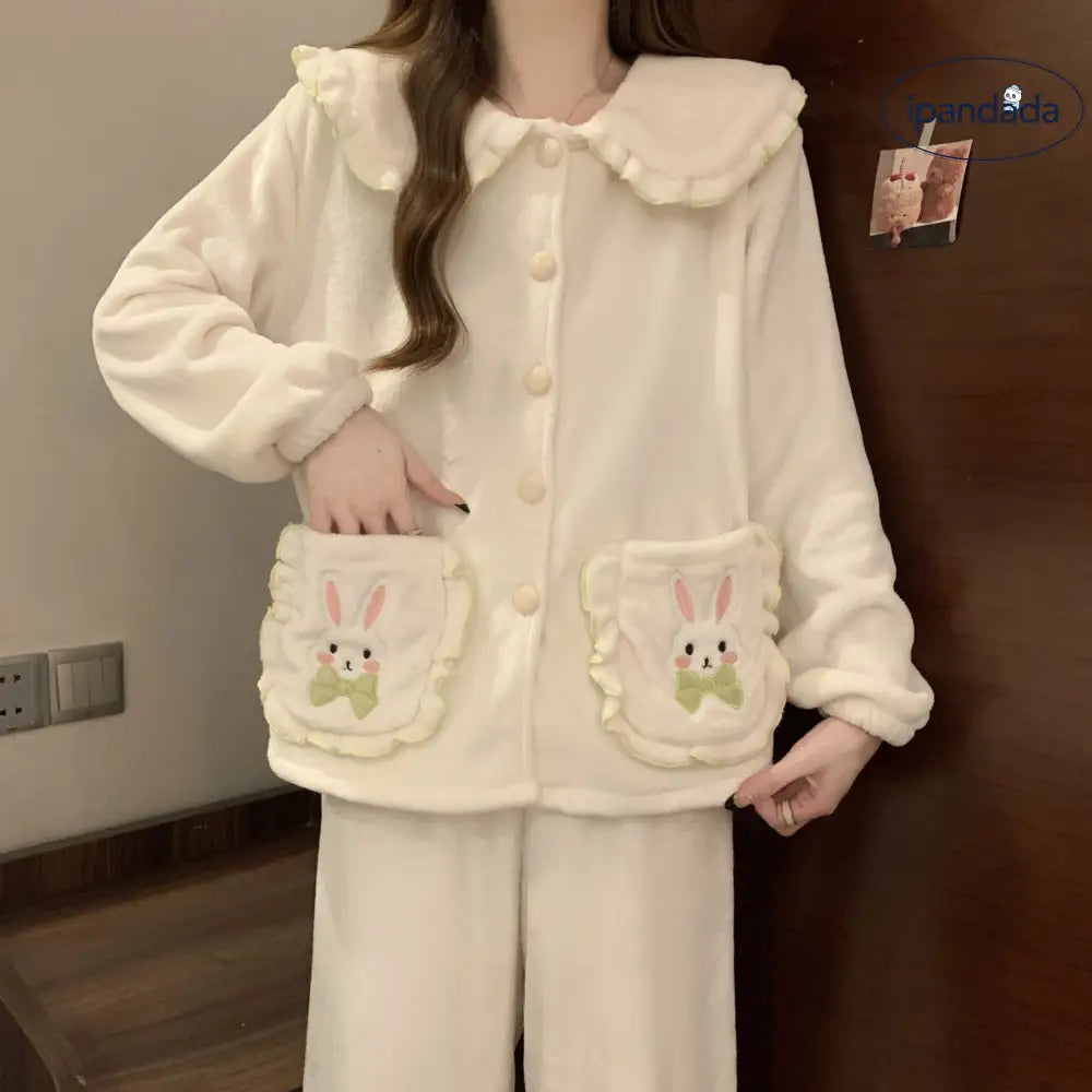 女性 パジャマ 秋冬 かわいい カートゥーン 保温 長袖 シフォンカラー 2点セット 学生 ルームウェア ID2727