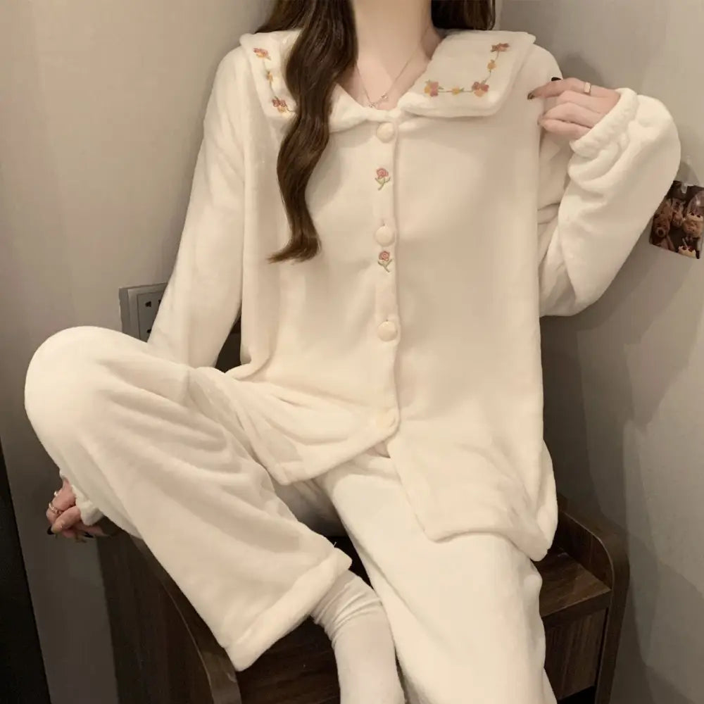 女性 パジャマ 秋冬 かわいい カートゥーン 保温 長袖 シフォンカラー 2点セット 学生 ルームウェア ID2727 タイプ② / M