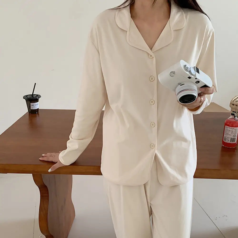 女性 ルームウェア 秋冬 無地 パジャマ セット ボタン付き 翻领 シャツ カジュアル ロングパンツ 柔らかい コート ID2770 アプリコット / M レディース＞セットアップ