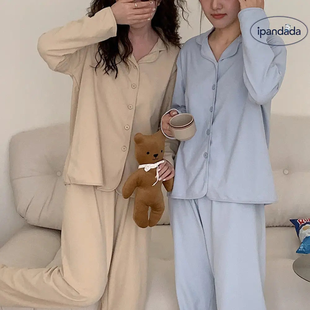 女性 ルームウェア 秋冬 無地 パジャマ セット ボタン付き 翻领 シャツ カジュアル ロングパンツ 柔らかい コート ID2770