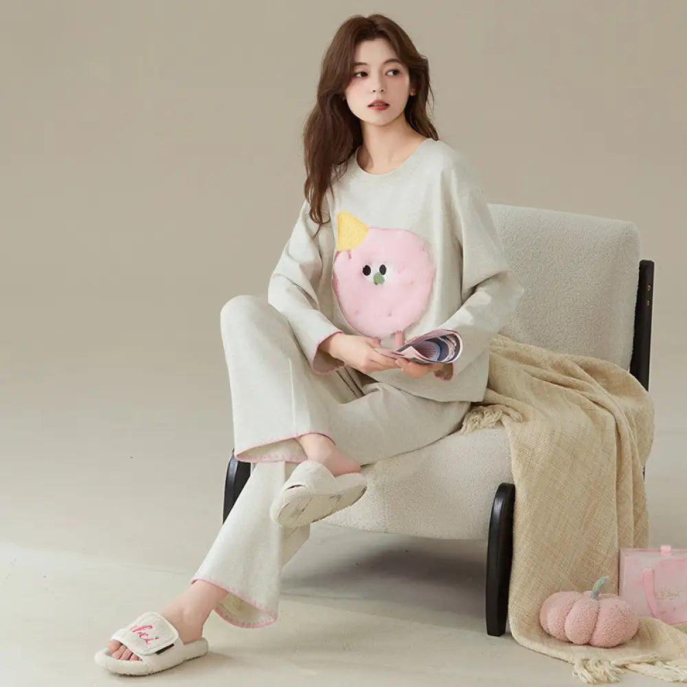 女性用 純綿 長袖パジャマ 春秋モデル 可愛いカートゥーン柄 少女スタイル 柔らかい ホームウェアセット ID3100 タイプ③ / M レディース＞セットアップ