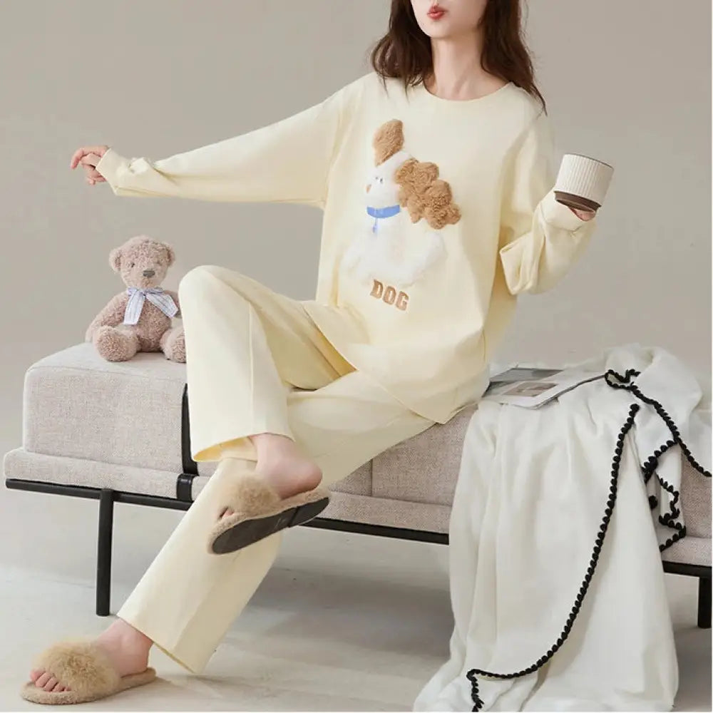 女性用 純綿 長袖パジャマ 春秋モデル 可愛いカートゥーン柄 少女スタイル 柔らかい ホームウェアセット ID3100 タイプ① / M レディース＞セットアップ
