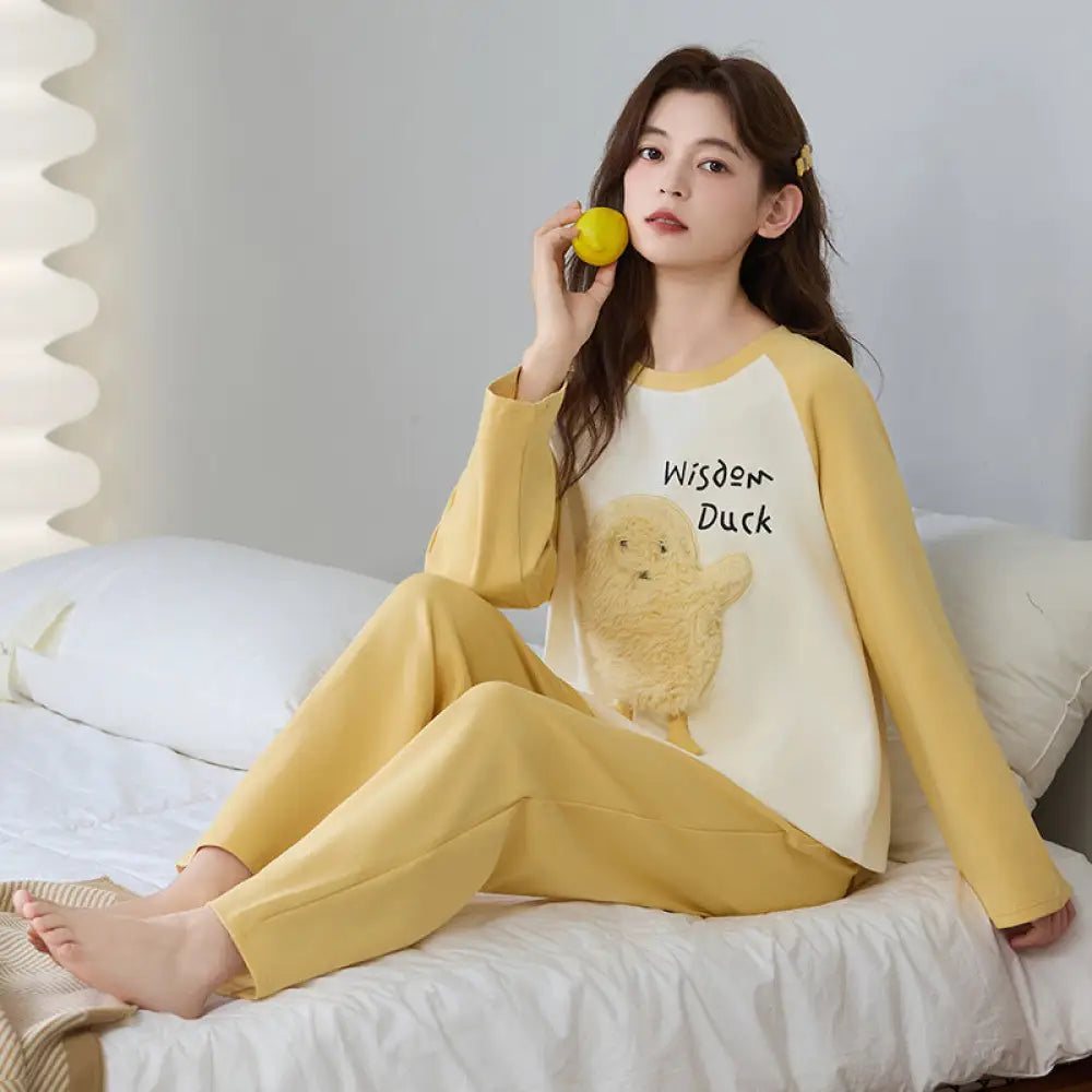 女性用 純綿 長袖パジャマ 春秋モデル 可愛いカートゥーン柄 少女スタイル 柔らかい ホームウェアセット ID3100 タイプ④ / M レディース＞セットアップ