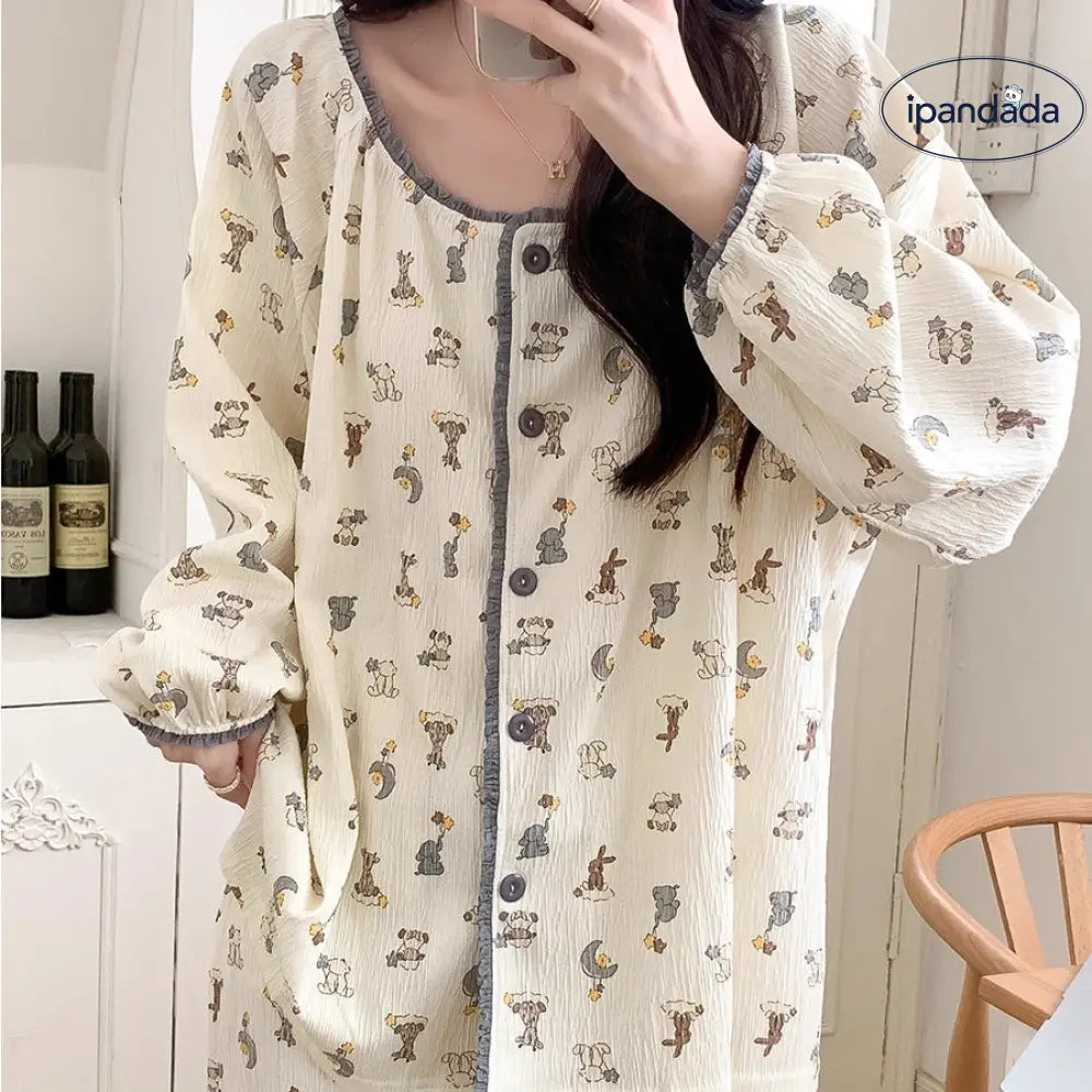 女性用 春秋 100% コットン 長袖 カーディガン 大きいサイズ 高級感 かわいい 動物柄 プリント ルームウェア 薄手 セット ID2104