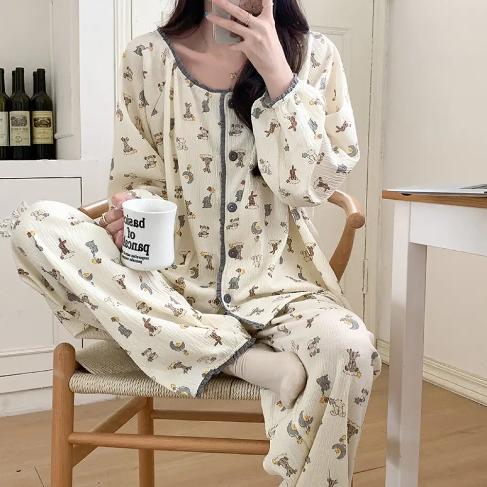 女性用 春秋 100% コットン 長袖 カーディガン 大きいサイズ 高級感 かわいい 動物柄 プリント ルームウェア 薄手 セット ID2104 タイプ① / M レディース>セットアップ