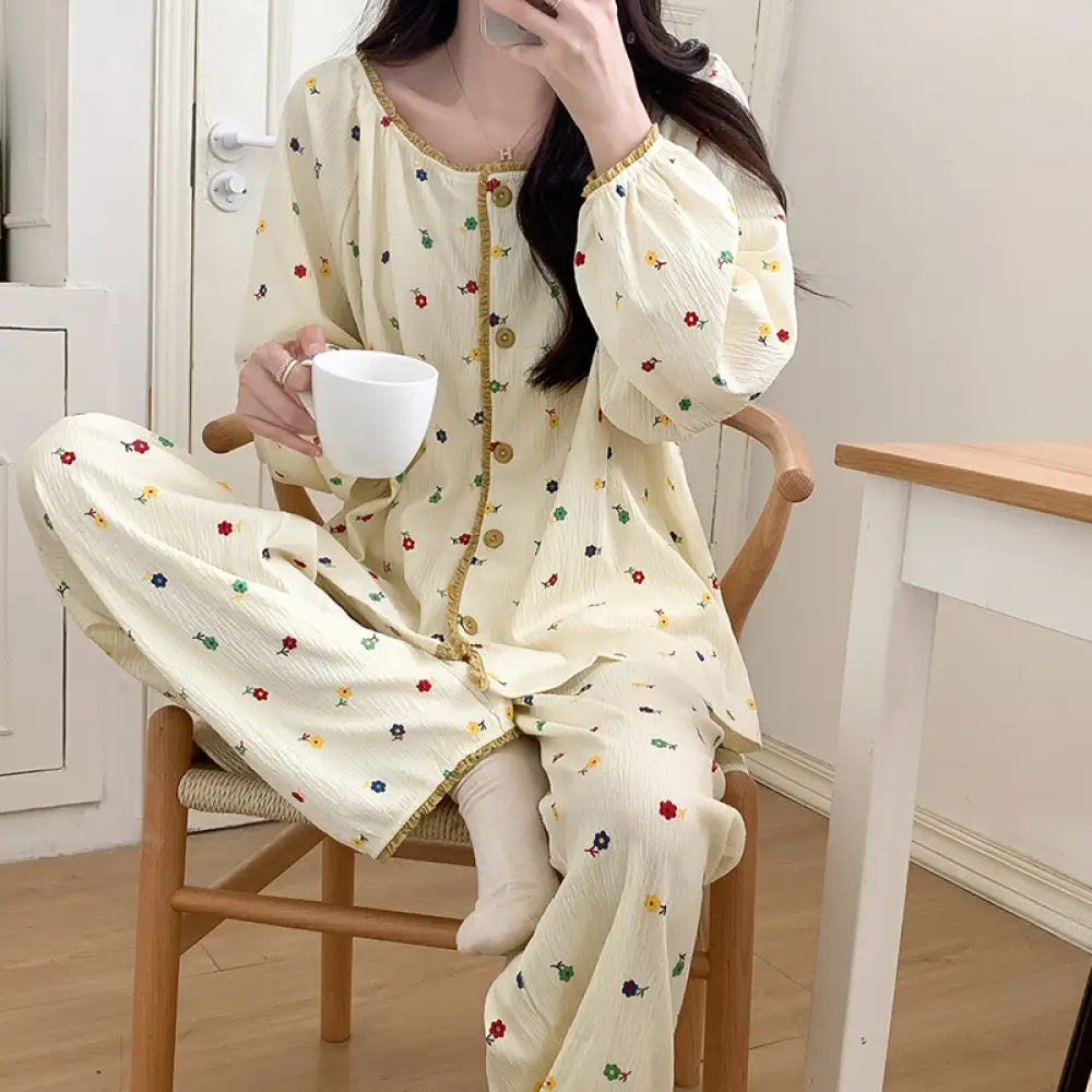 女性用 春秋 100% コットン 長袖 カーディガン 大きいサイズ 高級感 かわいい 動物柄 プリント ルームウェア 薄手 セット ID2104 タイプ⑤ / M レディース>セットアップ