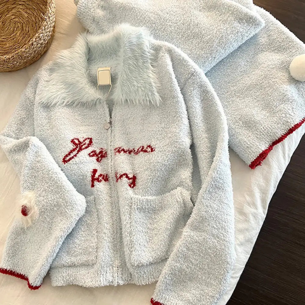 女性用 可愛い ブルー 毛糸のフリル付き ハーフフリース パジャマ 秋冬新作 厚手 ホームウェア 2 点セット ID3103 ブルー / M