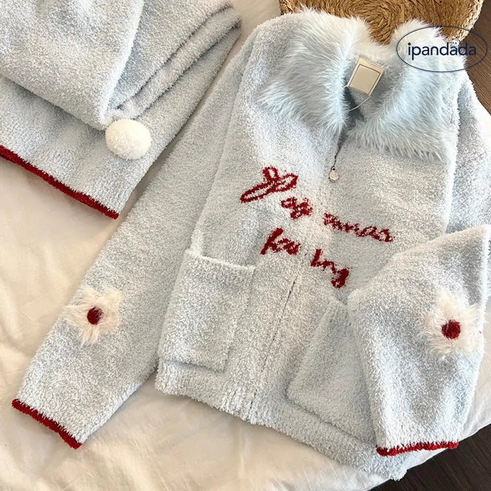 女性用 可愛い ブルー 毛糸のフリル付き ハーフフリース パジャマ 秋冬新作 厚手 ホームウェア 2 点セット ID3103