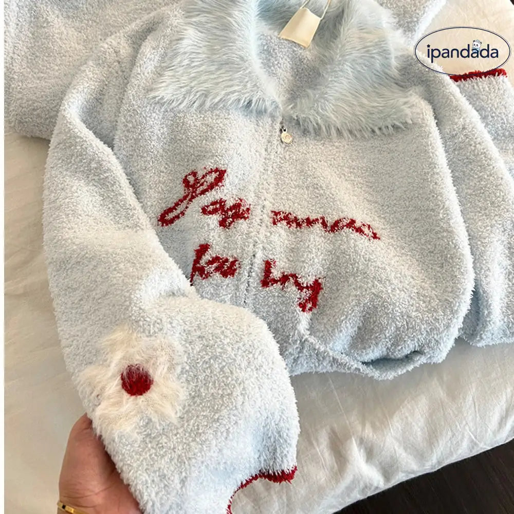 女性用 可愛い ブルー 毛糸のフリル付き ハーフフリース パジャマ 秋冬新作 厚手 ホームウェア 2 点セット ID3103