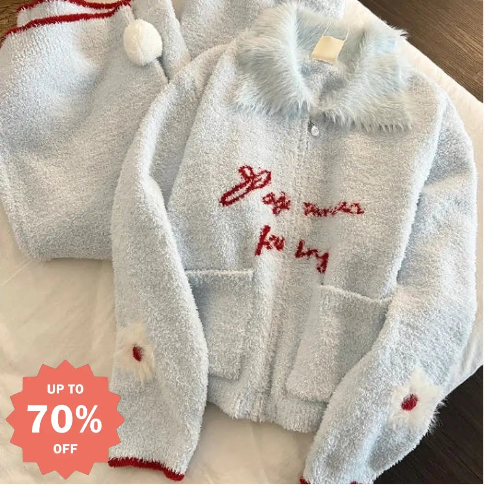 女性用 可愛い ブルー 毛糸のフリル付き ハーフフリース パジャマ 秋冬新作 厚手 ホームウェア 2 点セット ID3103