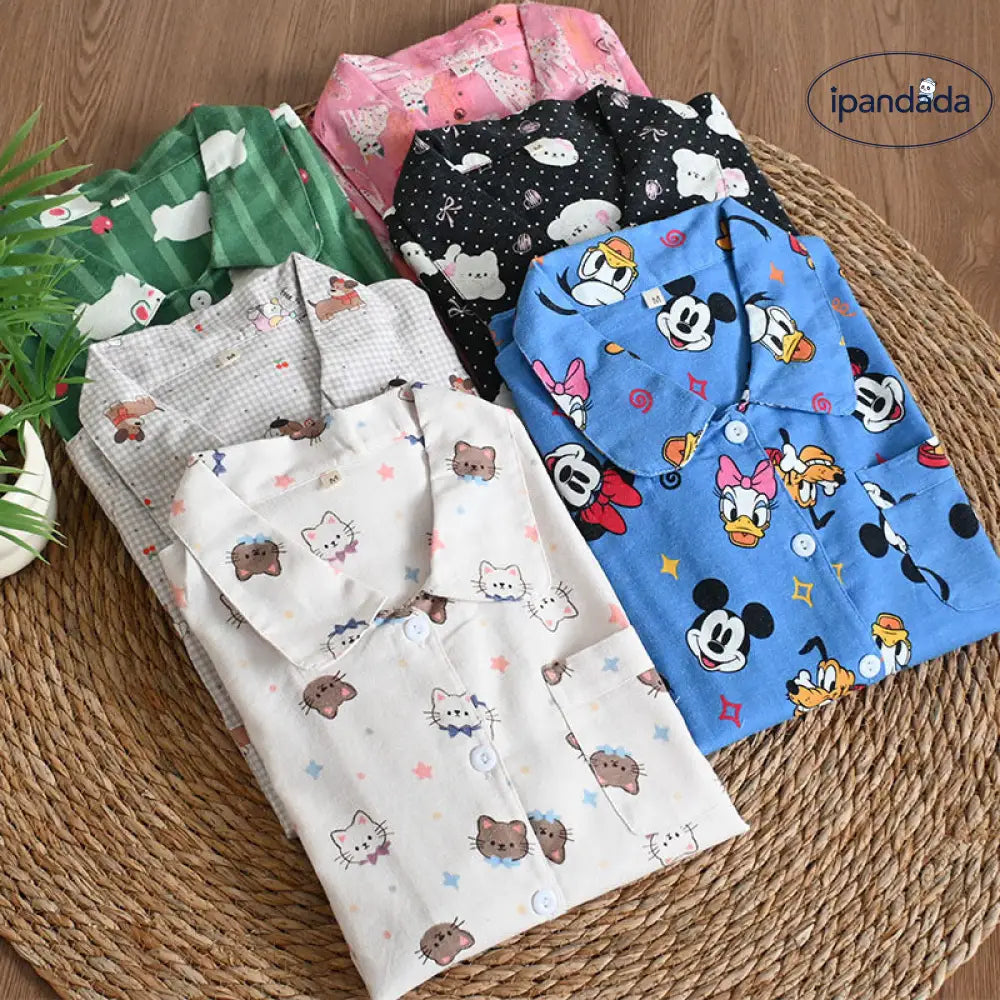 女性用 パジャマ 春秋冬用 薄手 カートゥーン カーディガン 長袖 長ズボン ルームウェア ロング ID4139