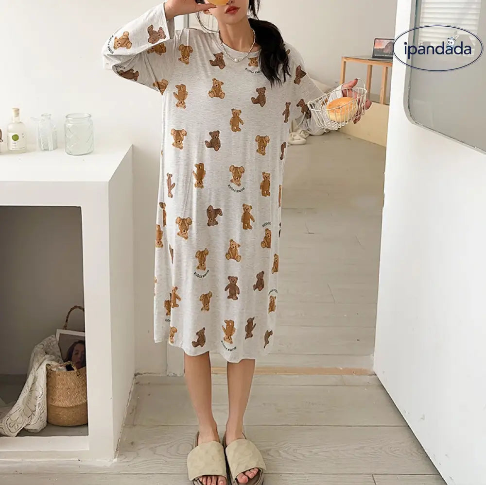 女性用 パジャマ モダール 可愛い フルプリント 小熊 長袖 ミドルスカート シンプル リラックス 柔らかい 春夏秋 スリープドレス ID2227 ライトグレー / フリー レディース>ワンピース