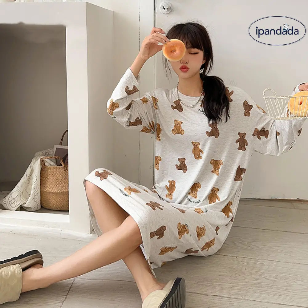 女性用 パジャマ モダール 可愛い フルプリント 小熊 長袖 ミドルスカート シンプル リラックス 柔らかい 春夏 スリープドレス ID2227