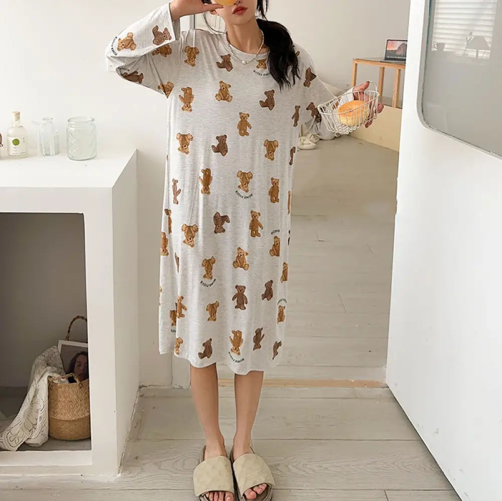 女性用 パジャマ モダール 可愛い フルプリント 小熊 長袖 ミドルスカート シンプル リラックス 柔らかい 春夏 スリープドレス ID2227