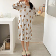 女性用 パジャマ モダール 可愛い フルプリント 小熊 長袖 ミドルスカート シンプル リラックス 柔らかい 春夏 スリープドレス ID2227