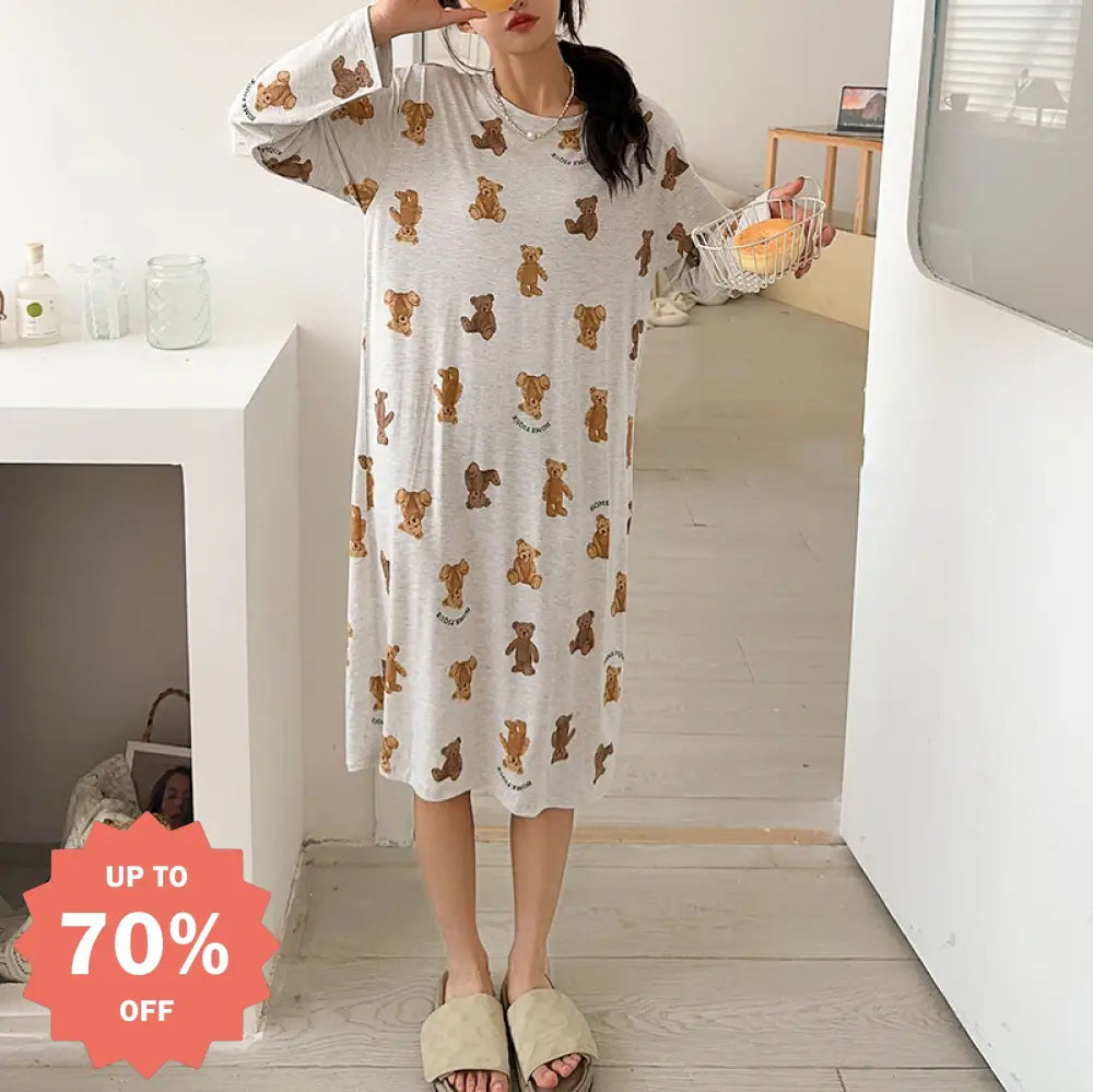女性用 パジャマ モダール 可愛い フルプリント 小熊 長袖 ミドルスカート シンプル リラックス 柔らかい 春夏 スリープドレス ID2227