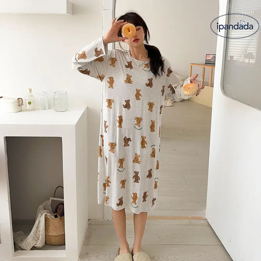女性用 パジャマ モダール 可愛い フルプリント 小熊 長袖 ミドルスカート シンプル リラックス 柔らかい 春夏 スリープドレス ID2227