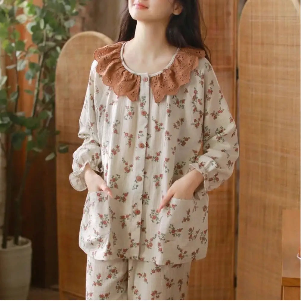 女性用 パジャマ 長袖 コットン 春秋 ルームウェアセット ID4656