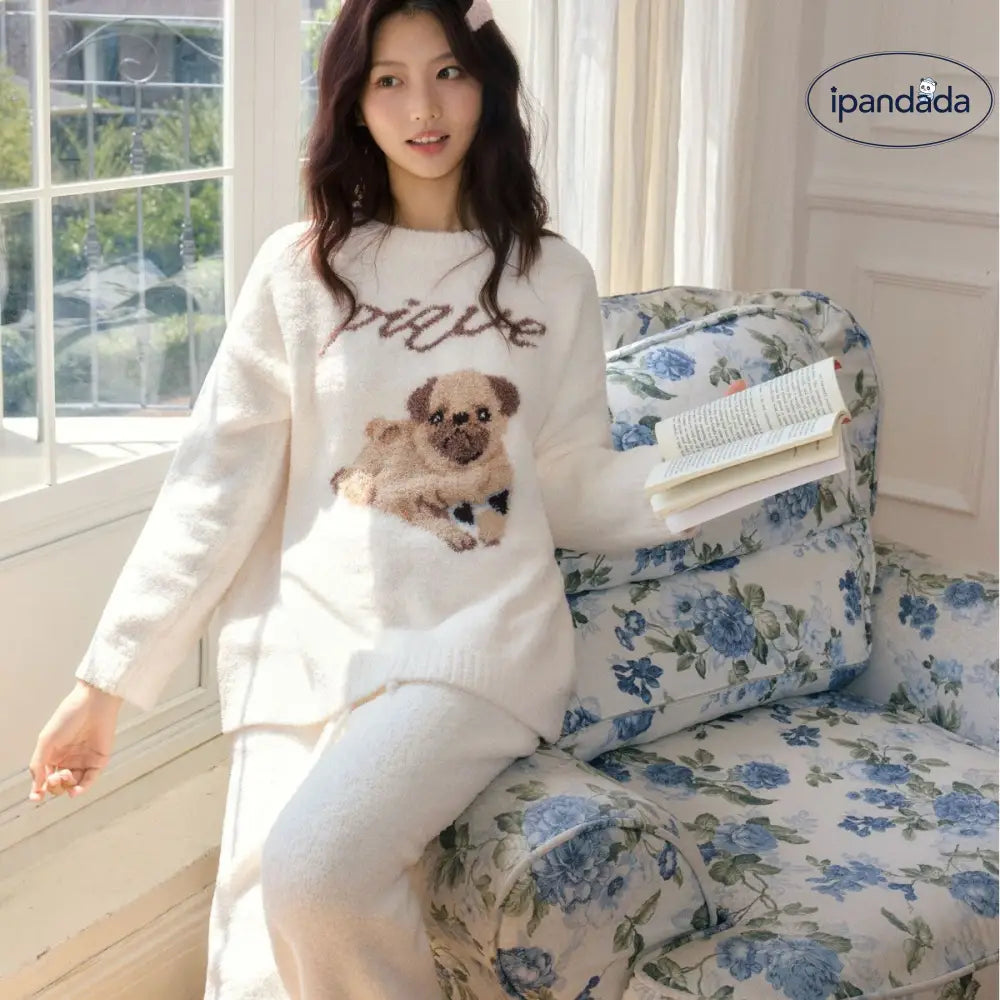 女性用 秋冬 フリース カートゥーン 小犬 セットアップ かわいい ふわふわ コーラルフリース ルームウェア ID2801