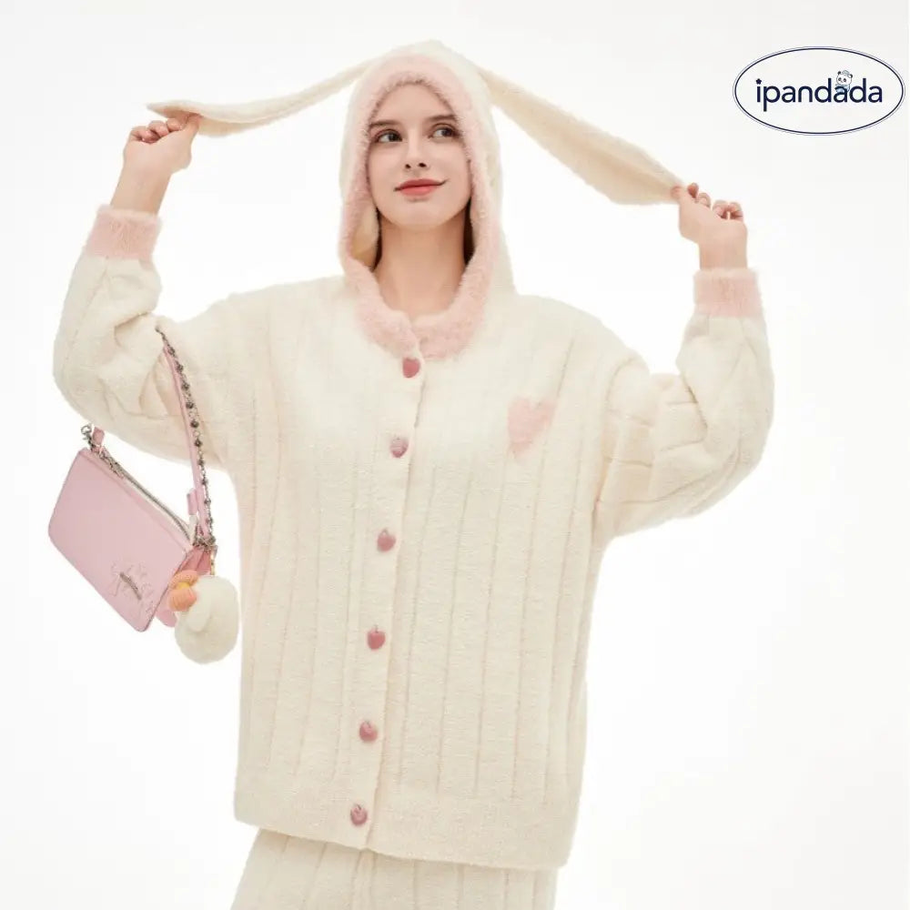 女性用 秋冬 ふわふわ フード付き カーディガン ハート柄 厚手 保温 ルームウェアセット ID3698 ホワイト / フリー