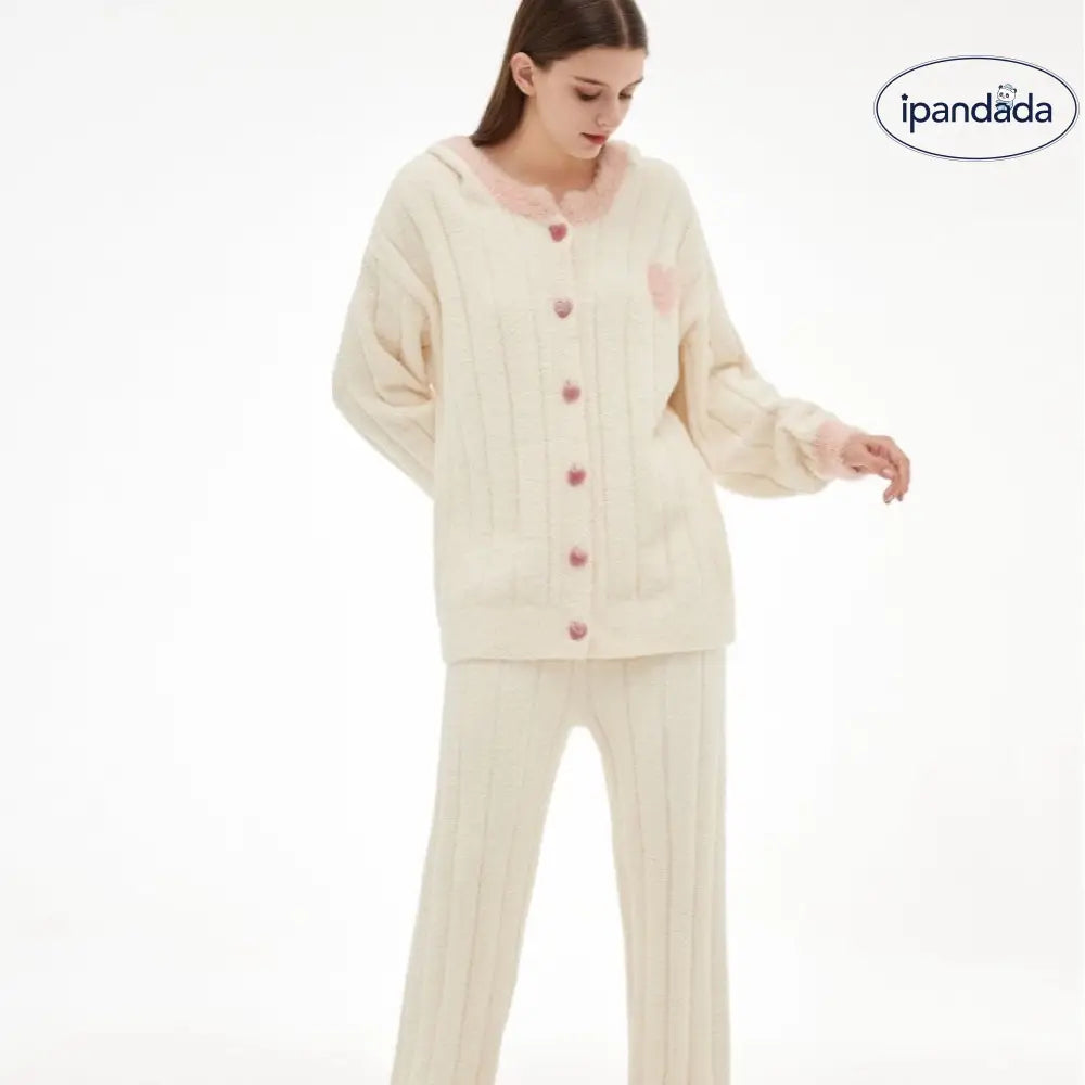 女性用 秋冬 ふわふわ フード付き カーディガン ハート柄 厚手 保温 ルームウェアセット ID3698 ホワイト / フリー