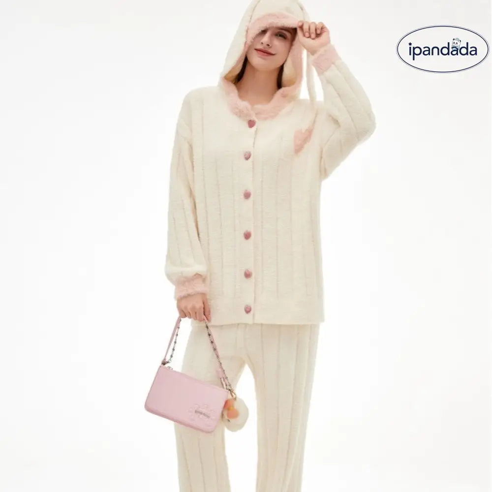 女性用 秋冬 ふわふわ フード付き カーディガン ハート柄 厚手 保温 ルームウェアセット ID3698 ホワイト / フリー