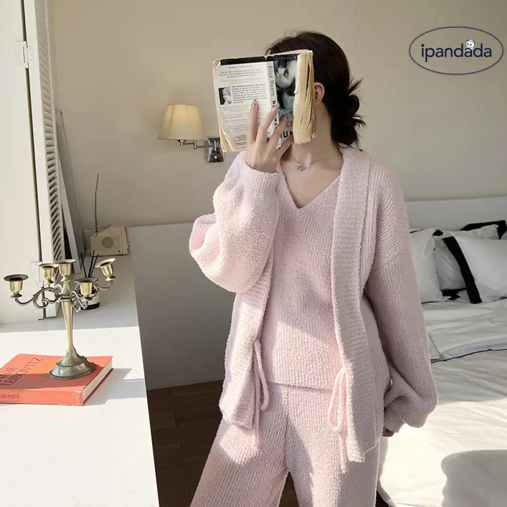 女性用 秋冬 ストライプ 3点セット ふわふわ バックストラップ タンクトップ ニット エレガント ルームウェア ID2804