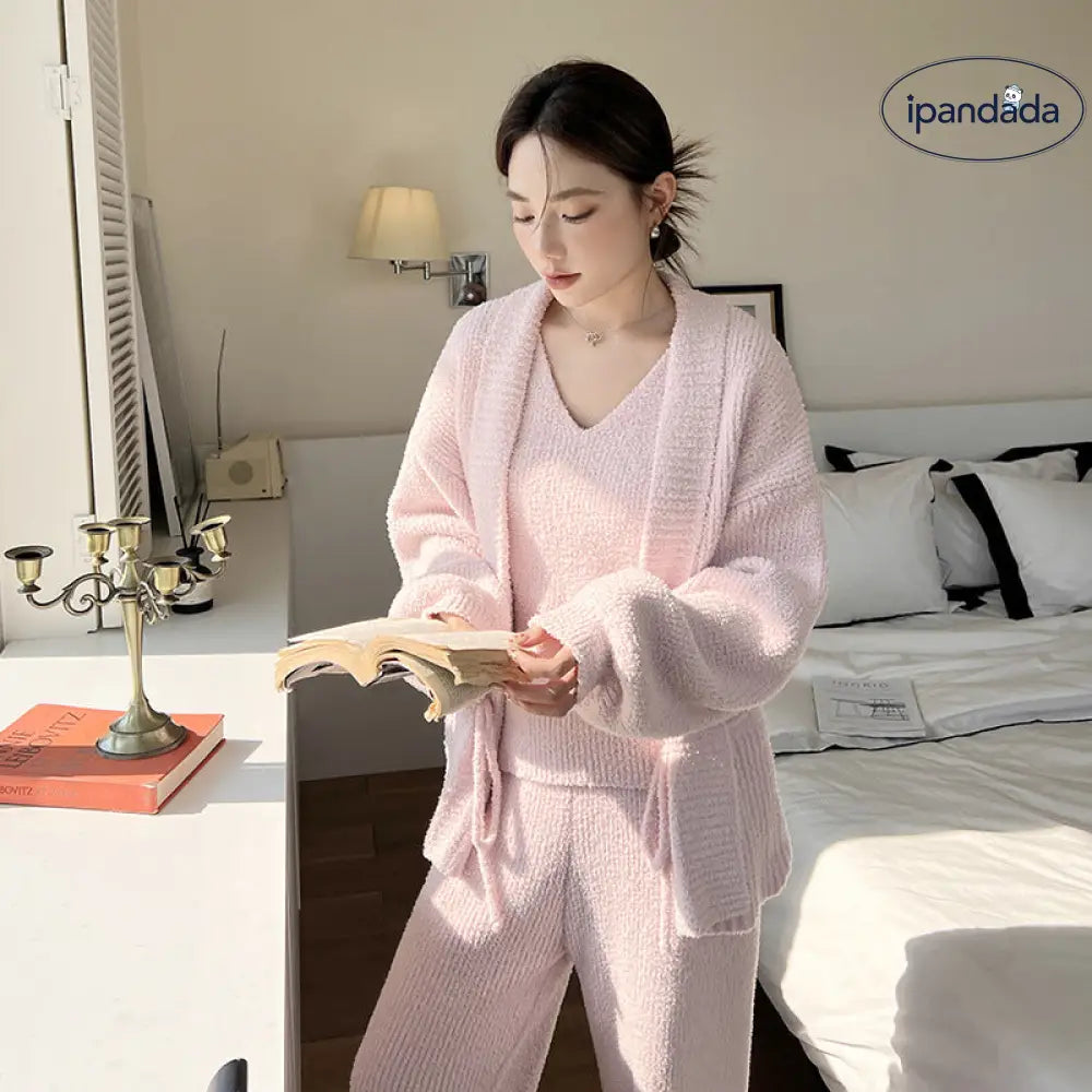 女性用 秋冬 ストライプ 3点セット ふわふわ バックストラップ タンクトップ ニット エレガント ルームウェア ID2804