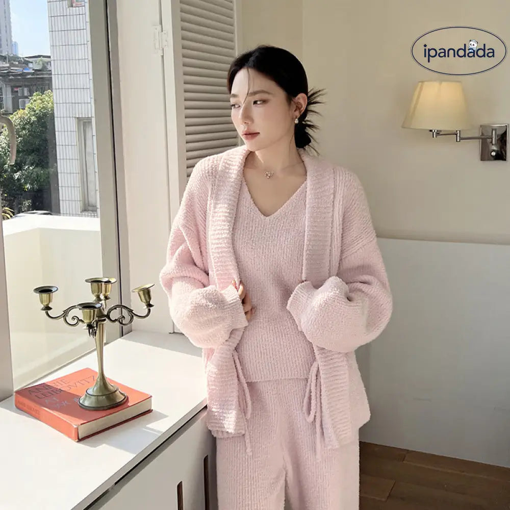 女性用 秋冬 ストライプ 3点セット ふわふわ バックストラップ タンクトップ ニット エレガント ルームウェア ID2804