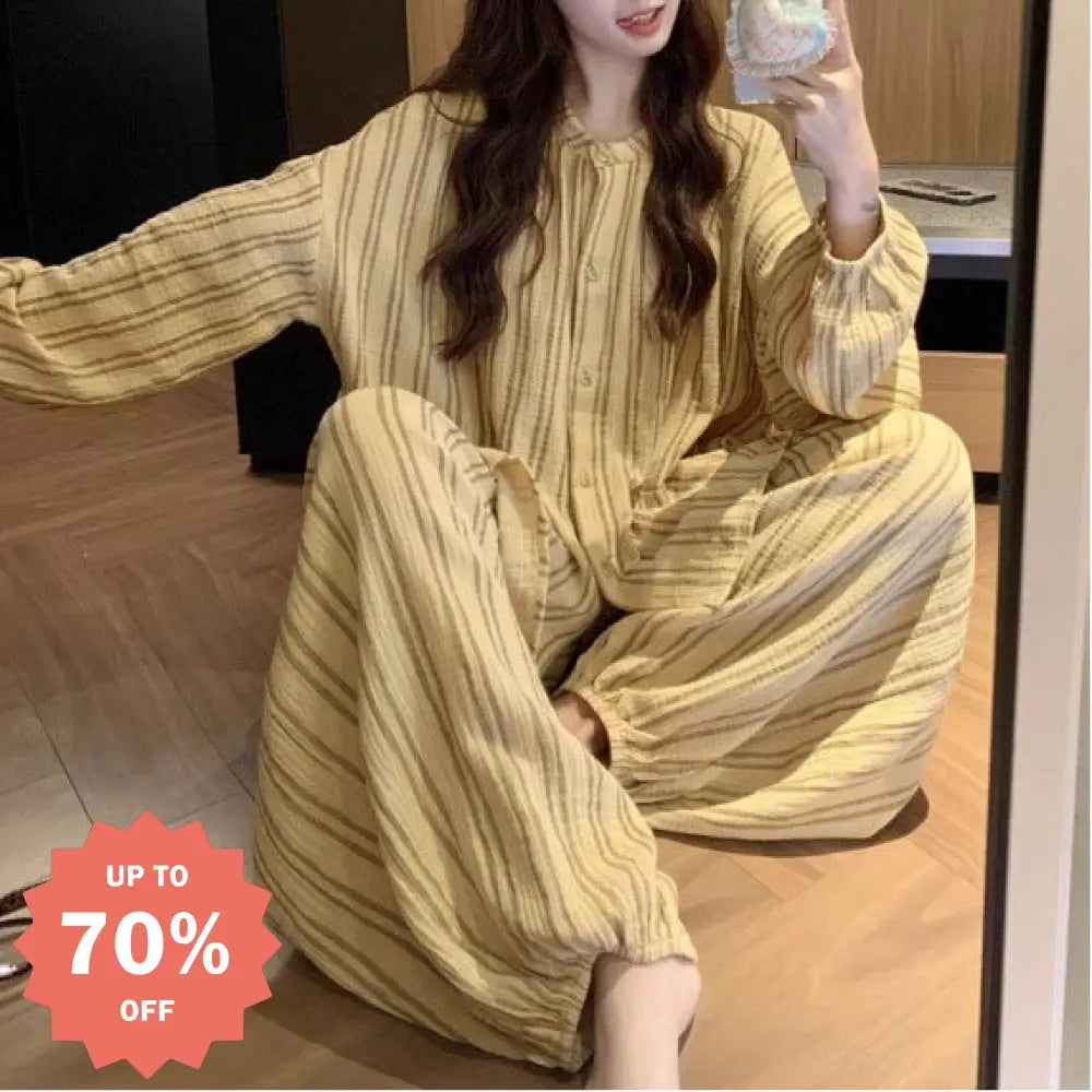 女性用 新作 シンプル 快適 ダブルガーゼ ストライプ ランタンパンツ ホームウェア パジャマ セット 部屋着 寝間着 長ズボン ID4129 イエロー / フリー レディース＞セットアップ