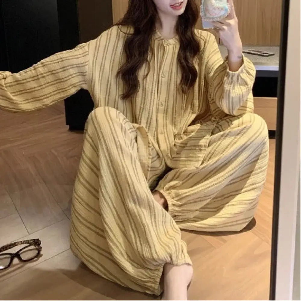 女性用 新作 シンプル 快適 ダブルガーゼ ストライプ ランタンパンツ ホームウェア パジャマ セット 部屋着 寝間着 長ズボン ID4129 イエロー / フリー レディース＞セットアップ