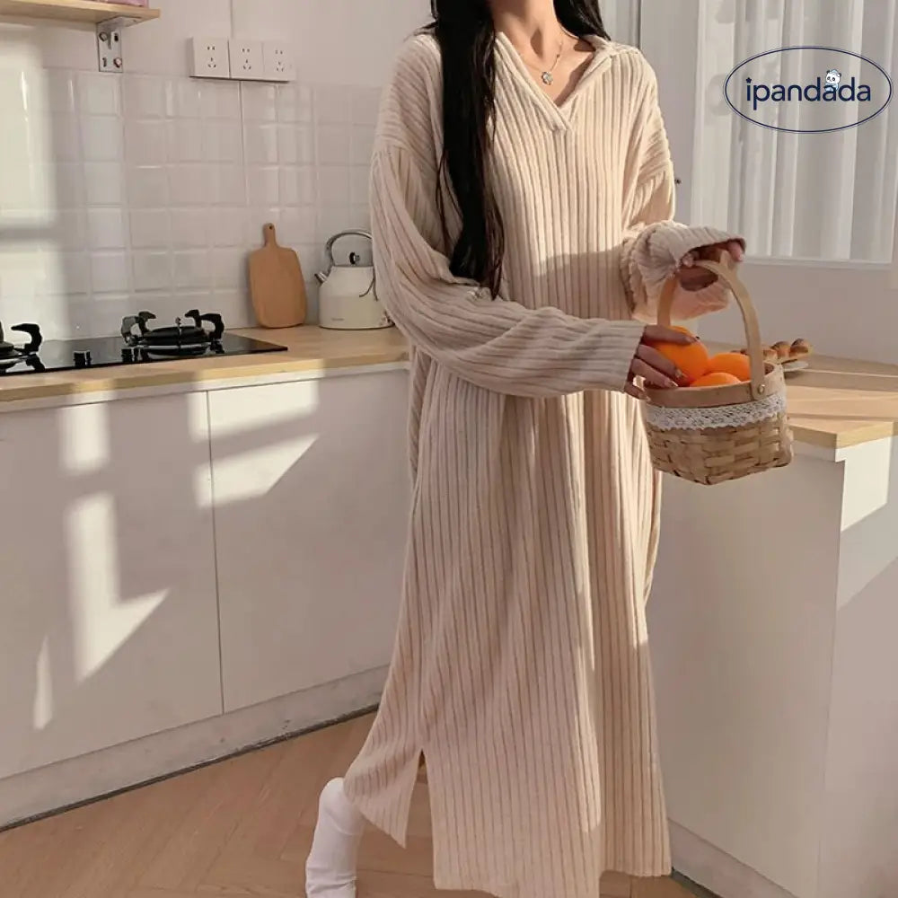 女性用 長袖 パジャマ 秋冬 新作 ニット フランネル インスタ風 ダークグレー ロングドレス ルームウェア ID2103
